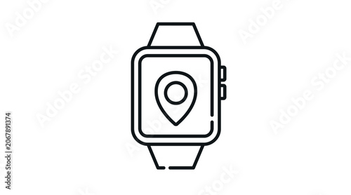 Smartwatch with location pin icon: wearable smart watch displaying GPS navigation map pointer on screen, minimalist black line art vector illustration.