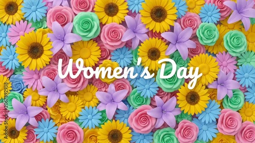Women's Day text on vibrant background of colorful 3D paper flowers