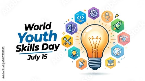World Youth Skills Day graphic with lightbulb and icons.