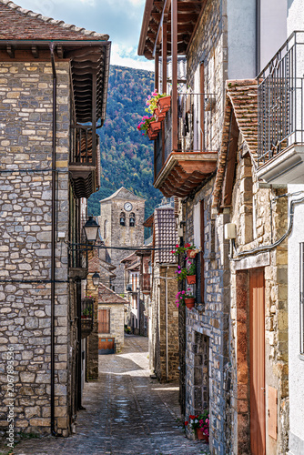 Old town of the beautiful village Anso, Pyrenees region, Huesca, Aragon, Spain.