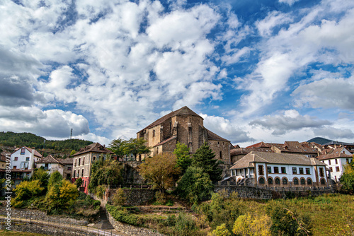 Saint Peter church in the beautiful village Anso, Pyrenees region, Huesca, Aragon, Spain.
