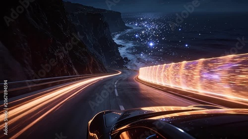 Night coastal road with speeding car light trails and glowing energy barrier