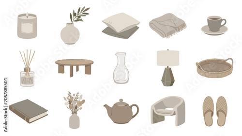 Quiet luxury home objects vector icon collection with designer candle ceramic vase linen pillow cashmere blanket artisan teapot olive branch and elegant interior decor elements