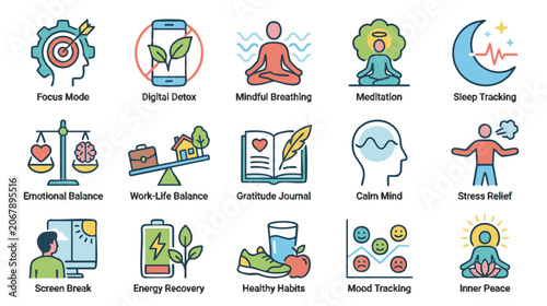 Digital wellbeing and mental wellness vector icon set featuring mindfulness meditation focus mode sleep balance gratitude journal stress management and healthy lifestyle concepts on white background