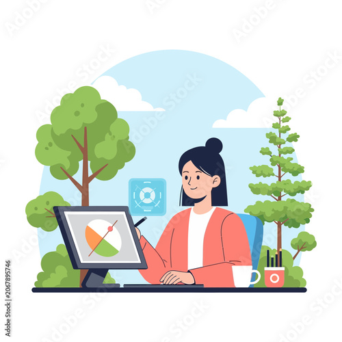 Designer working on computer with digital tablet outdoors