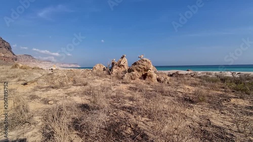 Dry rocky coast with Egyptian Vultures and blue sea