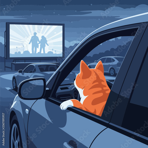 Orange cat looking out car window at drive in movie