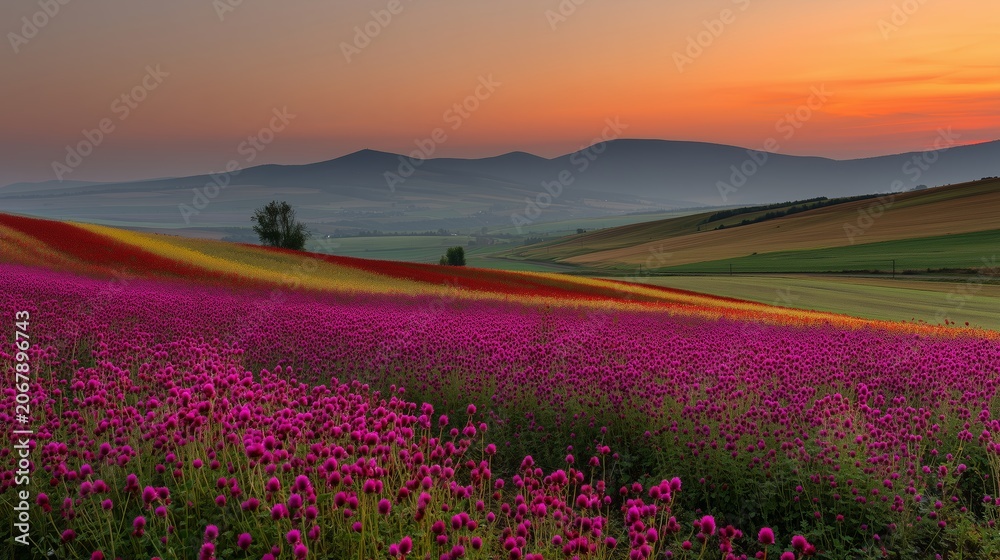 Fototapeta premium Red clover fields stretch across the landscape at sunset with mountains in the distance and hills covered in grass