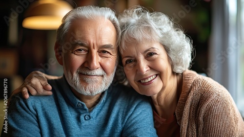 Close up portrait of a happy smiling senior couple embracing indoors