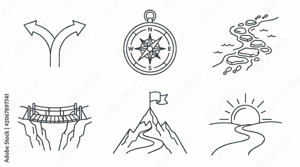 Fototapeta premium Hand Drawn Adventure and Journey Concept Icons Set Featuring Compass Mountain Bridge and Path.
