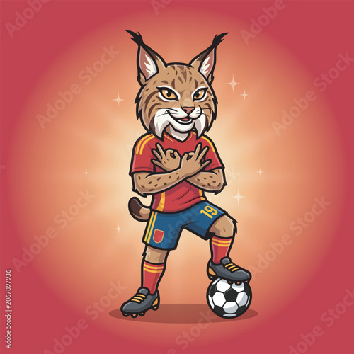 Wild Lynx Football Mascot Character with Soccer Ball, Cartoon Sports Illustration