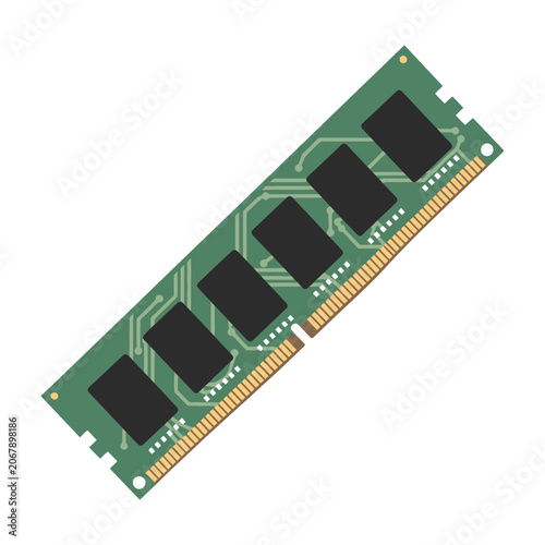RAM computer hardware module with gold connectors and black memory chips on green circuit board