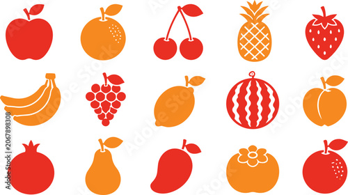 Flat icon set of assorted fresh red and orange fruits