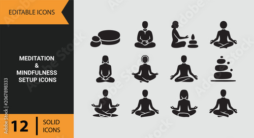 Photography Meditation and Mindfulness Setup Icons Mental Wellness Solid Design Set