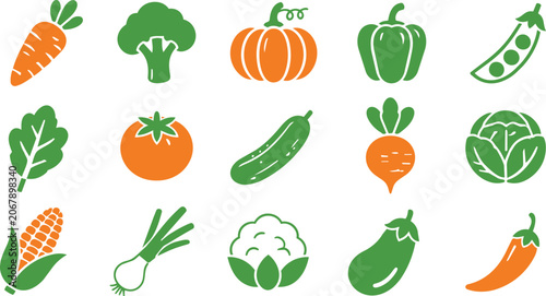 Flat vegetable icon set featuring colorful fresh organic produce