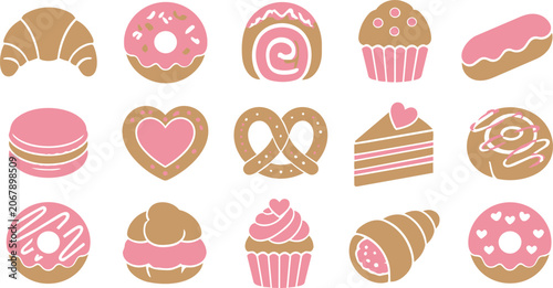 Set of Pink and Brown Bakery Icons Pastry Collection