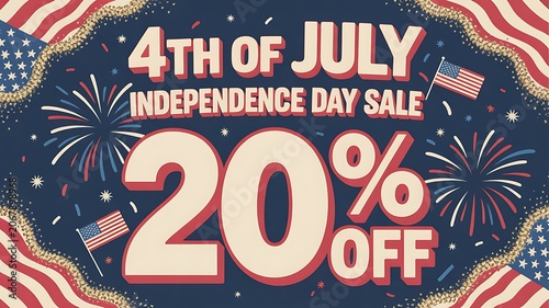 20 per cent off sale banner with balloons for Independence day. Just now offer of half price discount. Template for your design, card and flyer, poster for 4th of July in USA. Vector illustration.