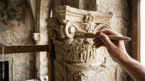 A skilled artisan gently brushes dust from an intricately carved stone capital in an old building, preserving its beauty and history. The warm light highlights the craftsmanship.