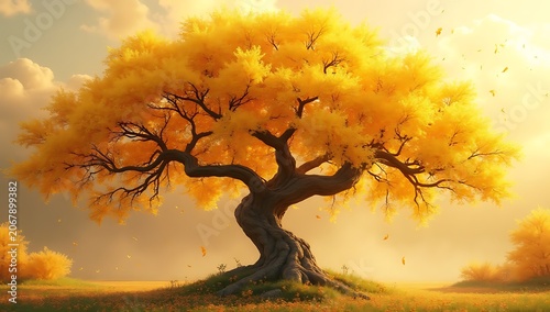 Majestic Golden Autumn Tree with Glowing Foliage in Sunlit Landscape Nature Background