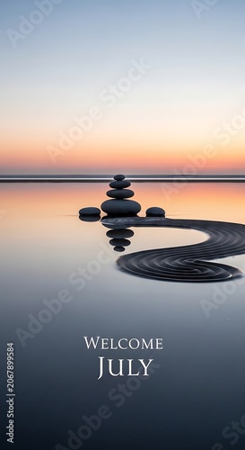 July calendar welcome message with summer sunset silhouette.