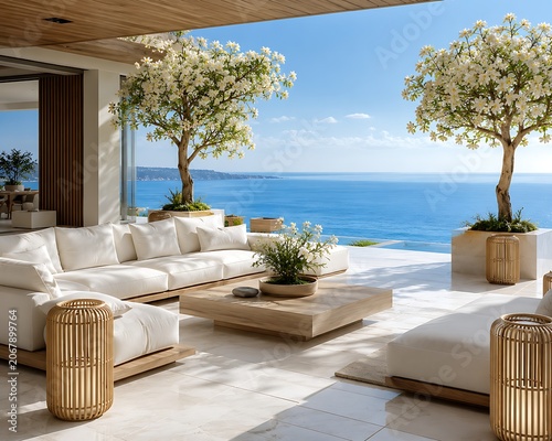 Luxury outdoor living space, modern patio furniture, ocean view, white sectional sofa, tropical decor