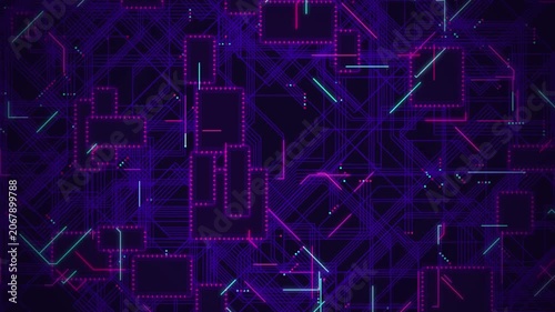 Abstract digital technology background with glowing circuit board lines and microchip patterns