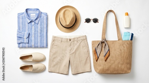 Flat lay of men's summer vacation clothing and travel accessories on white background