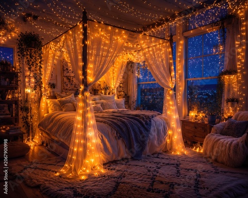 Cozy bedroom, fairy lights, canopy bed, romantic interior, warm ambiance, string lights
