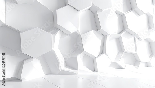 A white geometric background with hexagonal patterns and sharp shadows.