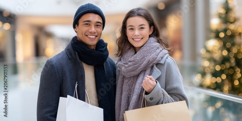 a happy multiethnic couple holding shopping bags at the mall during christmas season, wearing winter and smiling to camera.
