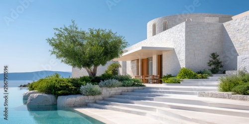 modern terrace and pool area with a building and vast ocean views