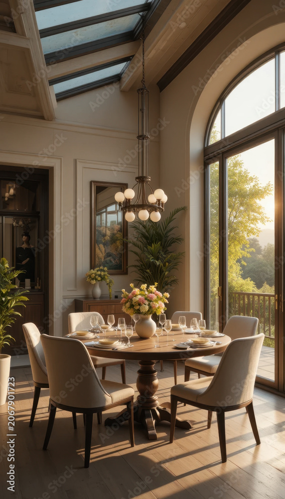 Fototapeta premium Beautifully designed dining room featuring round wooden table set for meal, surrounded by elegant chairs. Natural light streams through large windows, illuminating space and highlighting floral