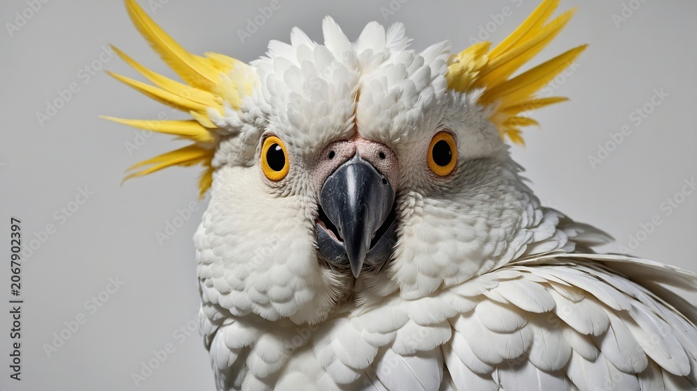 Fototapeta premium Close up portrait of a beautiful white cockatoo with bright yellow crest feathers and eyes