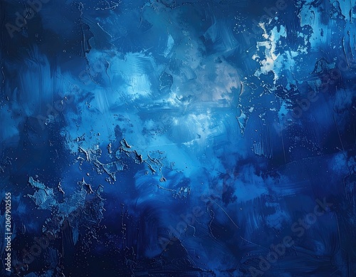An abstract textured painting in deep blues with swirling patterns and highlights.