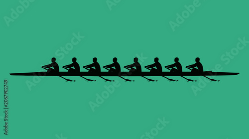 An athletic rowing team in action on green background isometric illustration