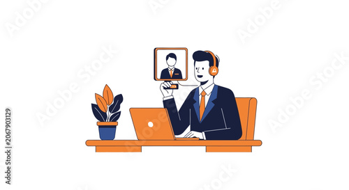 Businessman Conducting Online Video Call on Laptop Vector Illustration - Remote Work and Virtual Meeting Concept