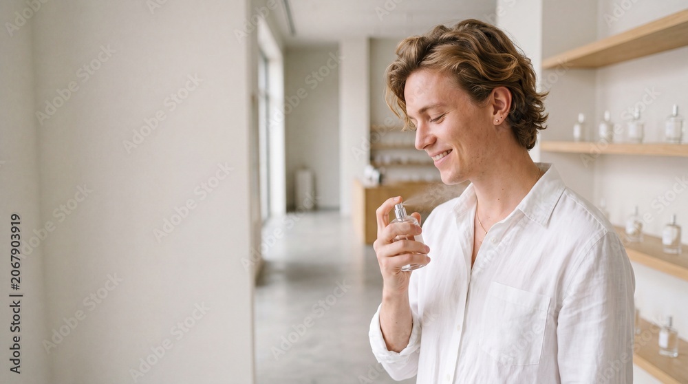 Fototapeta premium In a serene perfume shop, a young man smiles as he enjoys the fragrance from a small bottle. Soft light flows through the space, enhancing the calm atmosphere.