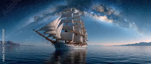 Sailing the Celestial Sea: A majestic sailing ship navigates calm waters under a breathtaking night sky filled with stars and the ethereal glow of the Milky Way.