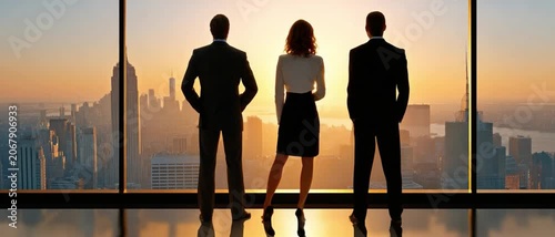 Business Leaders Gazing at the Cityscape: Three figures in silhouette stand before a panoramic window, overlooking a sprawling city skyline at sunset, symbolizing ambition and foresight.