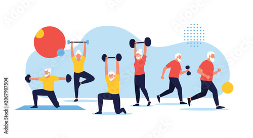 Group of active senior citizens performing various physical exercises including yoga, weightlifting, and running to stay healthy and fit.