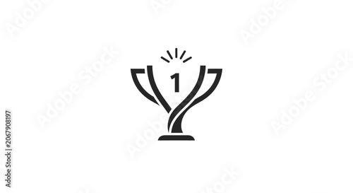 Solid black silhouette trophy cup with number one and radiating lines on an isolated white background.