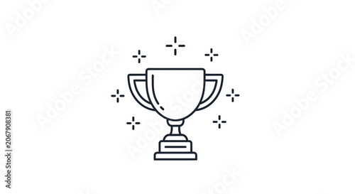 Minimalist outline trophy cup icon surrounded by subtle sparkling star elements, elegantly representing a prize or award on an isolated white background.
