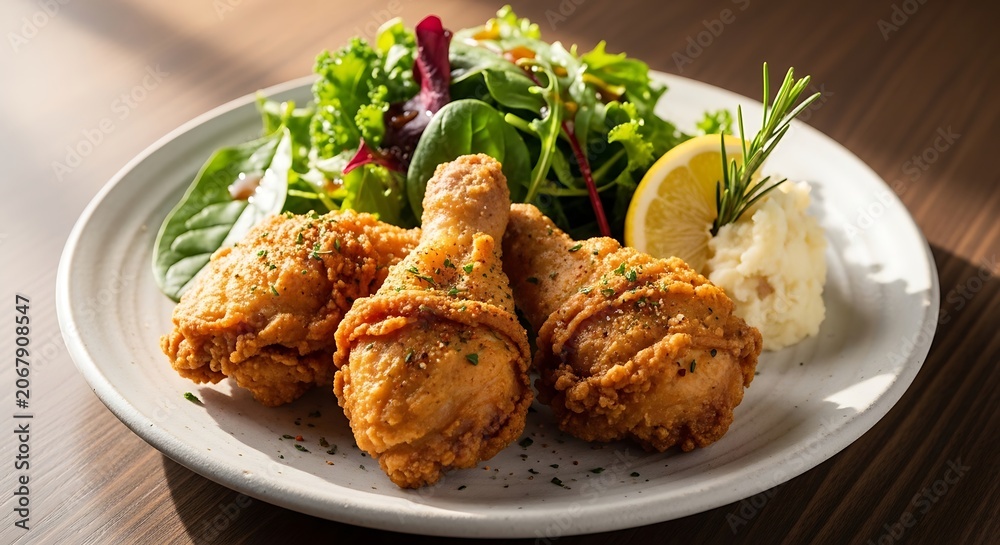 Fototapeta premium Delicious fried chicken with mashed potatoes and green salad on white plate