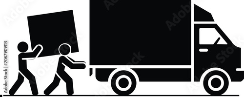 Stickman Couriers Carrying Boxes into Delivery Truck Cartoon Vector Illustration
