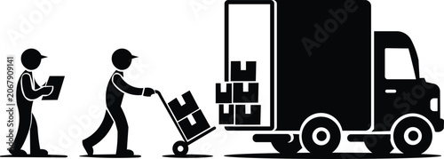 Two Figures in Silhouette Loading Cargo Together Vector Illustration for Moving and Logistics Concept
