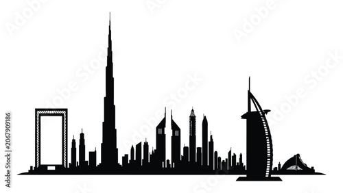 Dubai city skyline is depicted as a clean black silhouette including major landmarks and hotel towers.