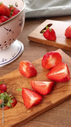 Preparing fresh organic strawberries on olive wood cutting board in kitchen. Slicing sweet summer berries next to vintage enamel colander reflecting culinary creativity and food styling. Authentic