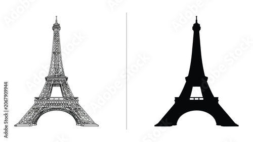 Konstfotografi Eiffel Tower appears as a side-by-side comparison of a complex sketch and a flat black silhouette