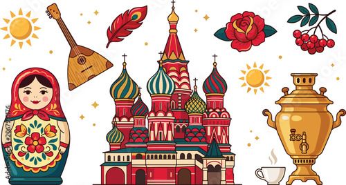 Tableau sur toile Traditional Russian Culture Vector Illustration Set with Saint Basils Cathedral