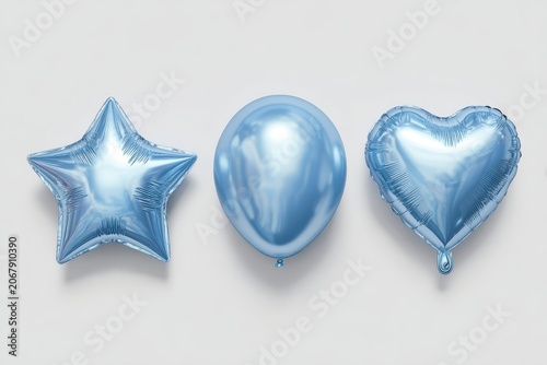 Set of light blue metallic foil balloons isolated on white background. Shiny star, heart and oval shapes decoration for baby shower boy birthday party, romantic wedding or anniversary celebration